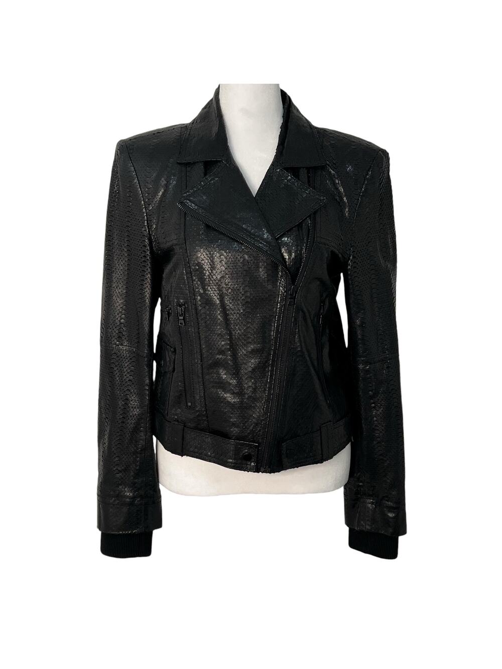 Alice + Olivia Lamb Leather Python Moto Jacket Black Asymmetrical Zip Pockets M